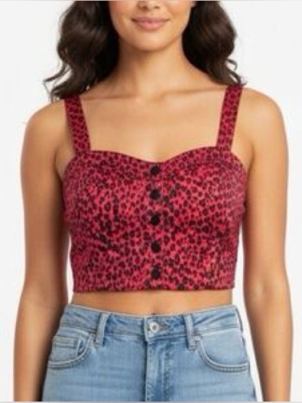 Charlotte Russe XS Button-Front Crop Top Red and Black Leopard Print Y2K Preppy